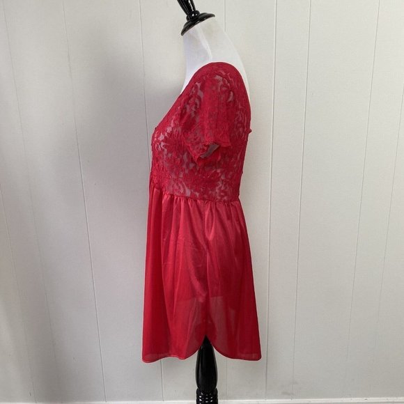 Vintage Cinema Etoile Red Sheer Lace Nylon Babydoll Mini Nightgown Size Medium - Picture 12 of 12